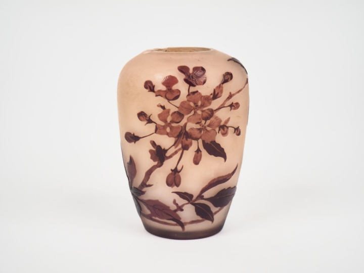 GALLE.  Petit vase ovoïde en verre, à décor gravé en camée à l'acide d