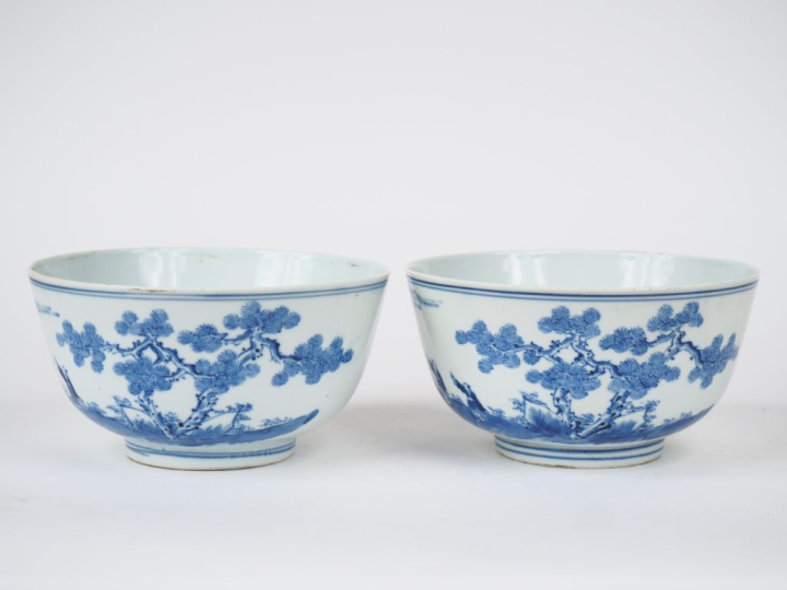 Indochine XIXème. Paire de coupes en porcelaine blanche à décor de deu