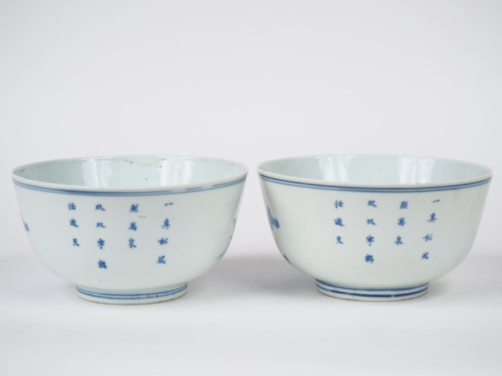 Indochine XIXème. Paire de coupes en porcelaine blanche à décor de deu
