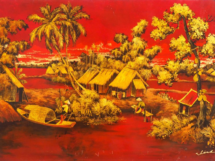 Indochine 1960. Thanhlay. Panneau en laque "village lacustre entouré d