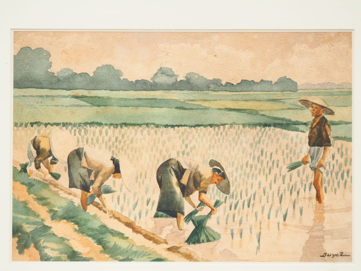 Indochine vers 1935. DUYET. Ensemble de 6 aquarelles représentant des 
