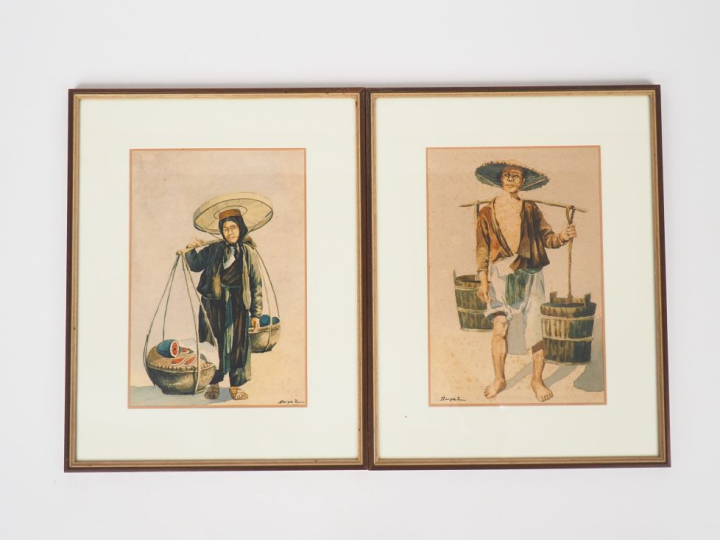 Indochine vers 1935. DUYET. Ensemble de 6 aquarelles représentant des 