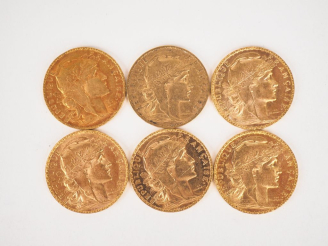 Vente aux enchères Six pièces de 20 Francs or, 1905. FRAIS ACHETEURS 10% HT.   