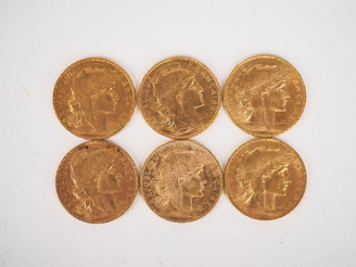 Vente aux enchères Six pièces de 20 Francs or, 1911 (x2) et 1912 (x4). FRAIS ACHETEURS 10