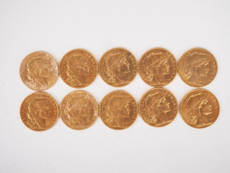 Vente aux enchères Dix pièces de 20 Francs or, 1914. FRAIS ACHETEURS 10% HT.   