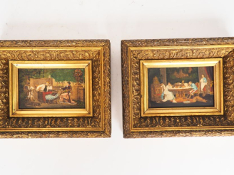 Vente aux enchères Ecole française fin XIXème. "Le dîner" et "le thé". 2 huiles sur panne