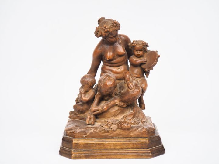 CLODION (d'après). Groupe en terre cuite "la faunesse et les deux faun