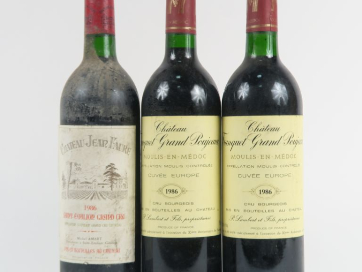 3 BOUTEILLES de 1986 : 1 CHÂTEAU JEAN FAURE ST EMILION GC BS - 2 CHÂTE