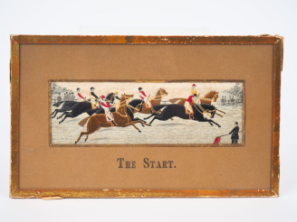 Vente aux enchères Petit encadrement anglais en soie brodée."the Start". Dim, (à vue). 5 