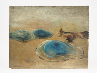 Vente aux enchères Virginie DEMONT-BRETON. "Etude pour les méduses bleues". Huile sur pan