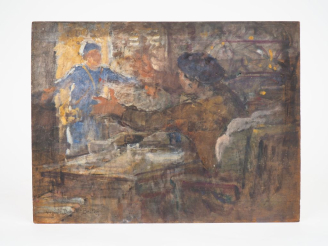Vente aux enchères Virginie DEMONT-BRETON. "Retour du poilu".  Esquisse à l’huile sur pan