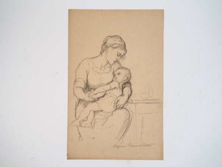 Virginie DEMONT-BRETON.  "Maternité".  Crayon sur papier. Signé en bas