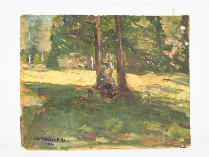 Mario CAVAGLIERI.  "deux petites silhouettes assises dans un parc" Hui