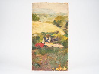 Vente aux enchères Mario CAVAGLIERI.  "Jeune fille sur l'herbe, Zermatt" Huile sur carton