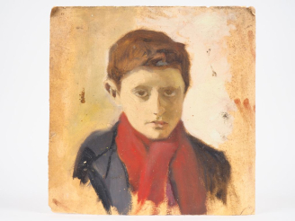 Vente aux enchères Mario CAVAGLIERI.  "jeune garcon à l'écharpe rouge"  Huile sur carton,