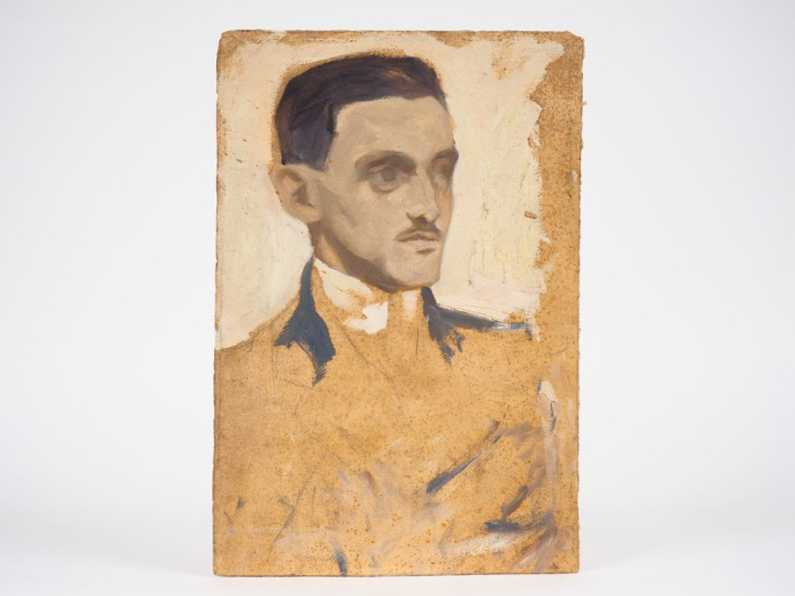 Mario CAVAGLIERI.  "jeune garcon à l'écharpe rouge"  Huile sur carton,