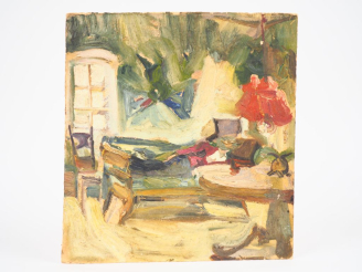 Vente aux enchères Mario CAVAGLIERI. "Petit intérieur à Padoue" Huile sur carton Circa 19