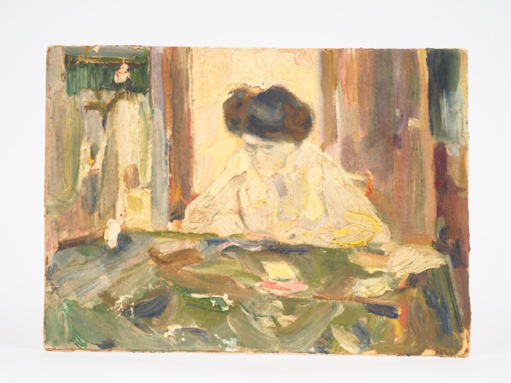 Mario CAVAGLIERI.  "Jeune fille studieuse" Huile sur carton Circa 1911
