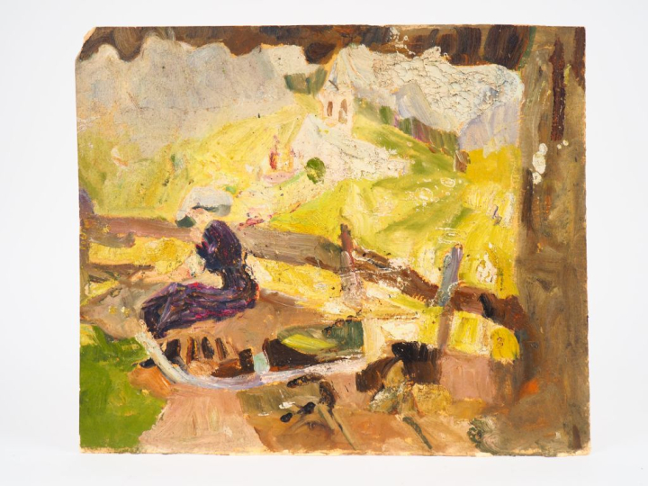 Mario CAVAGLIERI.  "Jeune femme dans la montagne" Huile sur carton, Ci