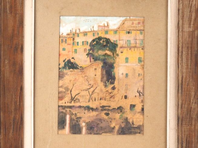 Mario CAVAGLIERI.  "Le palais Manièrey et tour à Peyrouse".  Aquarelle