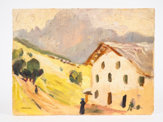 Vente aux enchères Mario CAVAGLIERI.  "Ferme dans la montagne" Huile sur carton, signée e
