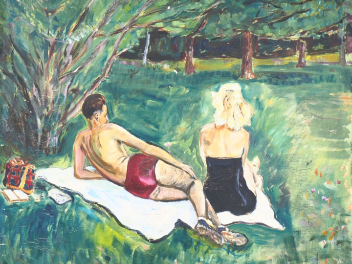 Mario CAVAGLIERI.  "couple à Peyloubère plage".  Huile sur toile, sign
