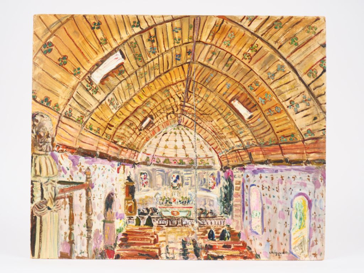 Mario CAVAGLIERI.  "Intérieur de chapelle" Huile sur carton, signée en