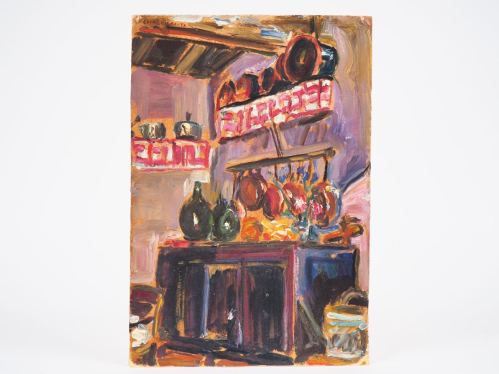 Mario CAVAGLIERI.  "cuisine à Monfort" Huile sur carton, signée en hau