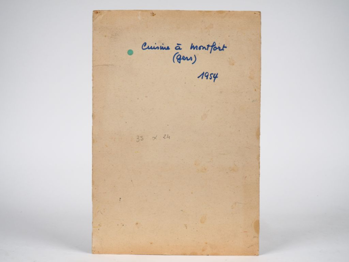 Mario CAVAGLIERI.  "cuisine à Monfort" Huile sur carton, signée en hau