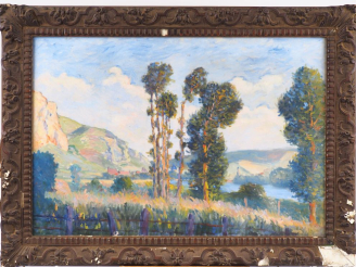 Vente aux enchères Adolphe ALBERT.  "village et arbres dans la vallée" Huile sur toile, s