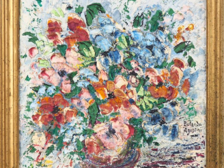 Vente aux enchères BALANDE AGOSTINI. 'bouquet de fleurs" Huile sur isorel, signée en bas 