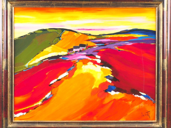Bernard CADENE.  "la colline aux lavandes". Huile sur toile, signée en