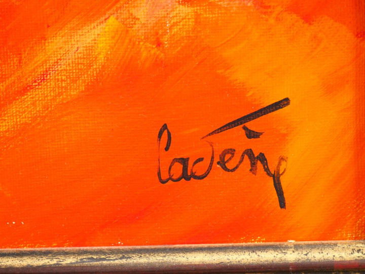 Bernard CADENE.  "la colline aux lavandes". Huile sur toile, signée en