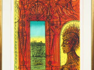 Vente aux enchères CARZOU.  "Fenêtre baroque". Lithographie en couleurs numérotée 13/95, 
