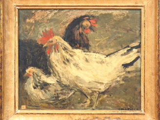 Vente aux enchères CORNEILLE. "les poules" Huile sur panneau, signée en bas à droite. Dim