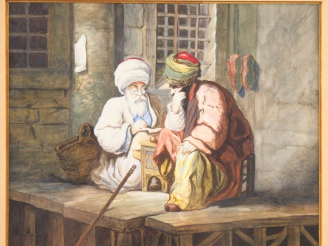 Vente aux enchères M. DUPUY. "les deux scribes".  Aquarelle XIXème, signée en bas à gauch