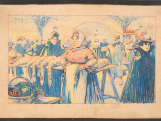 Vente aux enchères FORTUNY.  "le marché au gras".  Dessin en couleurs, signé en bas à gau