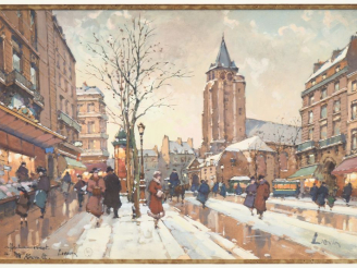 Vente aux enchères GALLIEN LALOUE. "Paris, sous la neige" Gouache, signée en bas à droite