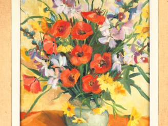 Vente aux enchères GIACOBBIN.  "bouquet de fleurs d'été".  Huile sur toile, signée en bas