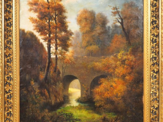Vente aux enchères GONNARD.  "Paysage d'automne au vieux pont". Huile sur toile, signée e