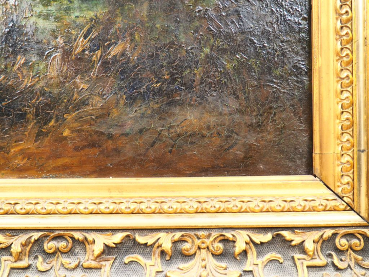GONNARD.  "Paysage d'automne au vieux pont". Huile sur toile, signée e