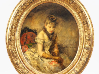 Vente aux enchères GARRIDO. "Elégante au billet" Huile sur toile, signée en bas à droite.