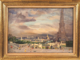 Vente aux enchères A. HAMBOURG.  "La Tour Eiffel, devant le palais de Chaillot". Huile su