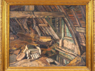Vente aux enchères AM. LEPETIT.  "Intérieur de grenier" Huile sur toile, signée en bas à 