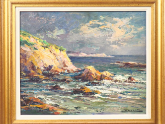 Vente aux enchères PERROT.  "Rochers au bord de mer" Huile sur panneau, signée en bas à d