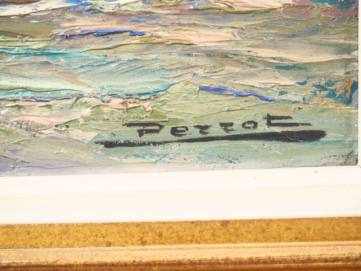 PERROT.  "Rochers au bord de mer" Huile sur panneau, signée en bas à d