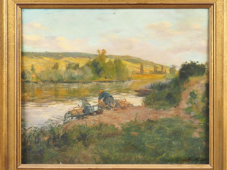Vente aux enchères Ernest MIDY. "les lavandières".  Huile sur toile, signée en bas à droi
