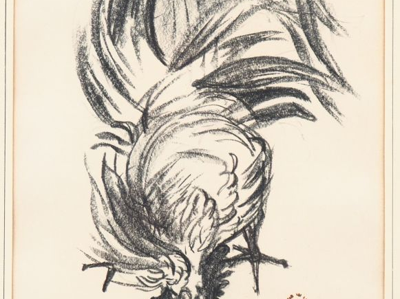 PRAFIER.  "le coq" Dessin au fusain, signé en bas à droite Dim. 31 x 2