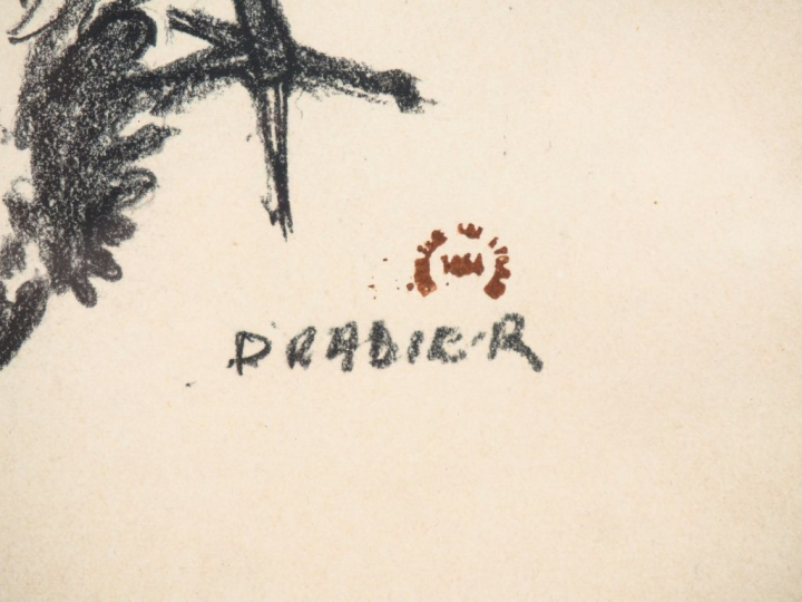 PRAFIER.  "le coq" Dessin au fusain, signé en bas à droite Dim. 31 x 2
