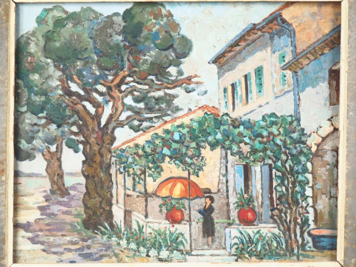 JM. RIGAUD.  "jeune femme sous la tonnelle".  Huile sur toile, signée 